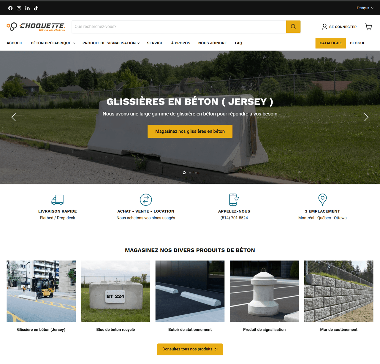 Capture d'écran du site Blocs de Béton, vente, location et signalisation pour chantiers de construction au Québec